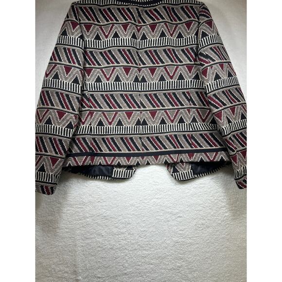 Tahari ASL Geometric Tribal Printed Black Red Tan Open Blazer Jacket Womens 10 - Picture 7 of 16